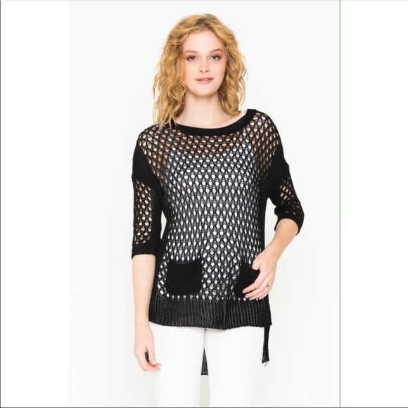 Renee C. Sweaters - Crochet net top with hi-low hem.
